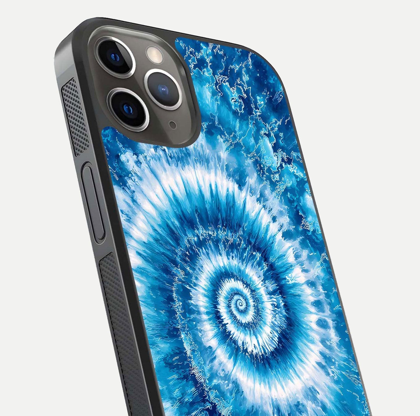 Blue Galaxy Wave Glass Case for iPhone 13 Pro close-up highlighting fluid wave motion and deep-blue reflection