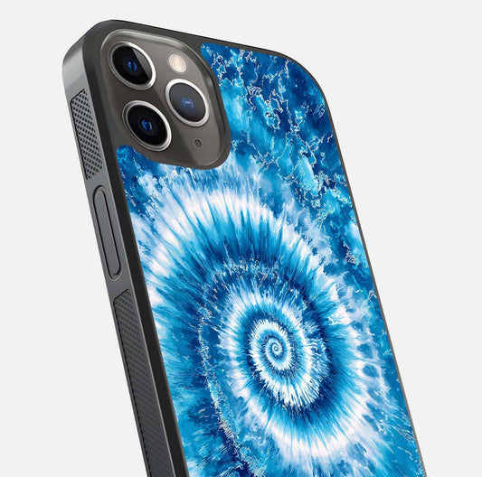 Blue Galaxy Wave Glass Case for iPhone 13 Pro close-up highlighting fluid wave motion and deep-blue reflection