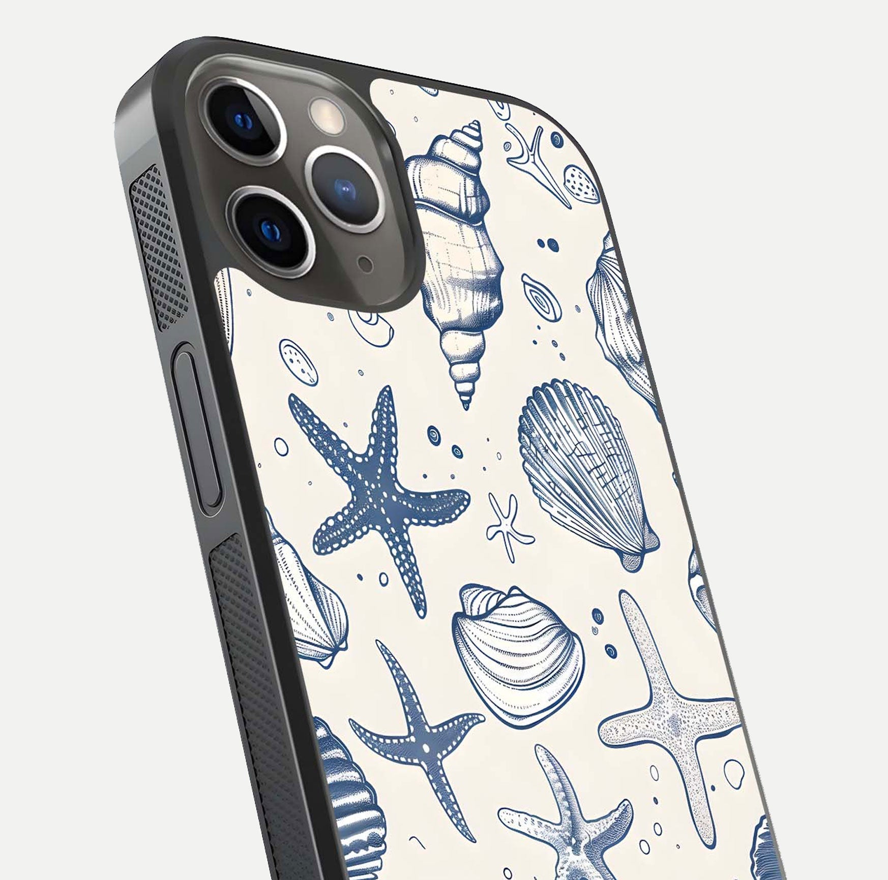Blue Ocean Outline Glass Case for iPhone 13 Pro close-up shot highlighting line art details and reflection texture
