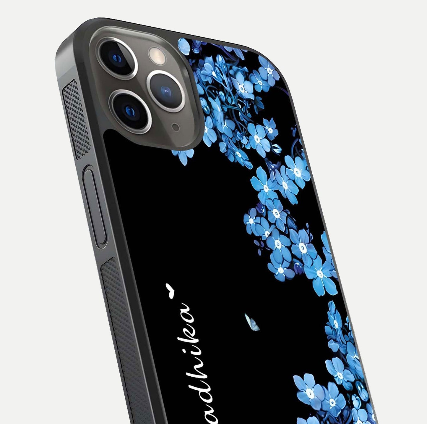 Blue Petal Dream Custom Name Glass Case for iPhone 13 Pro close-up highlighting petal texture and gloss reflection