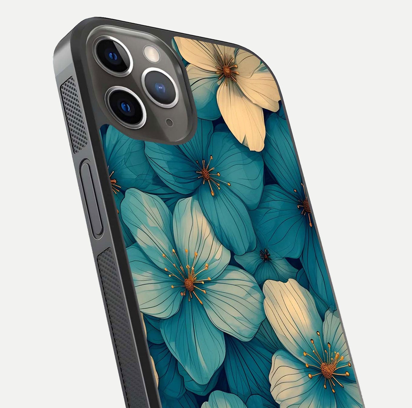 Blue Shade Floral Glass Case for iPhone 13 Pro close-up angle showing flower print precision and reflection