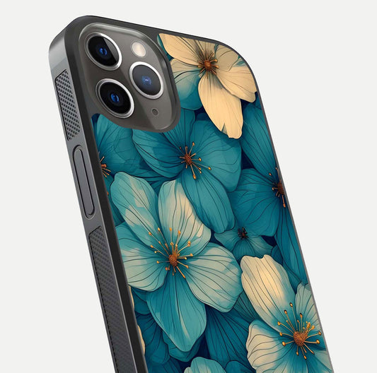 Blue Shade Floral Glass Case for iPhone 13 Pro close-up angle showing flower print precision and reflection