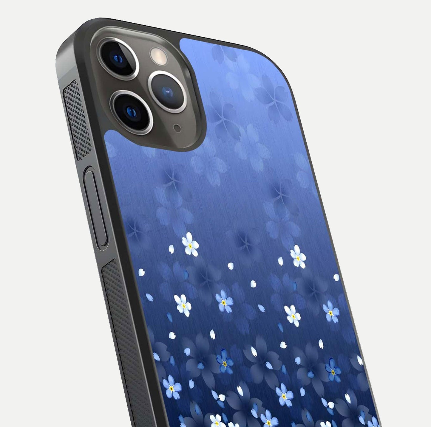 Blue Starry Glass Case for iPhone 13 Pro close-up image highlighting sparkle details and midnight blue gradient