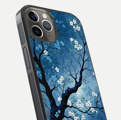 Blue Tree Serenity Glass Case for iPhone 13 Pro close-up view highlighting tree branches and reflection gloss
