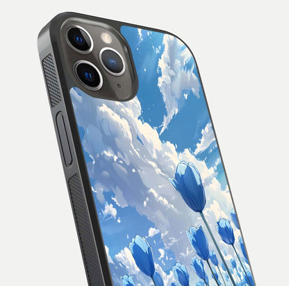 Blue Tulip Clouds Glass Case for iPhone 13 Pro close-up image highlighting tulip petals, clouds, and reflection texture