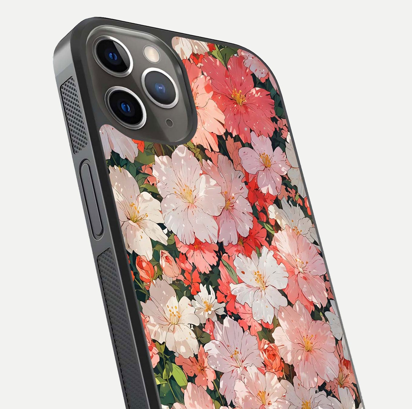 Blush Bloom Field Glass Case for iPhone 13 Pro close-up shot capturing pastel flower field tones and gloss shine