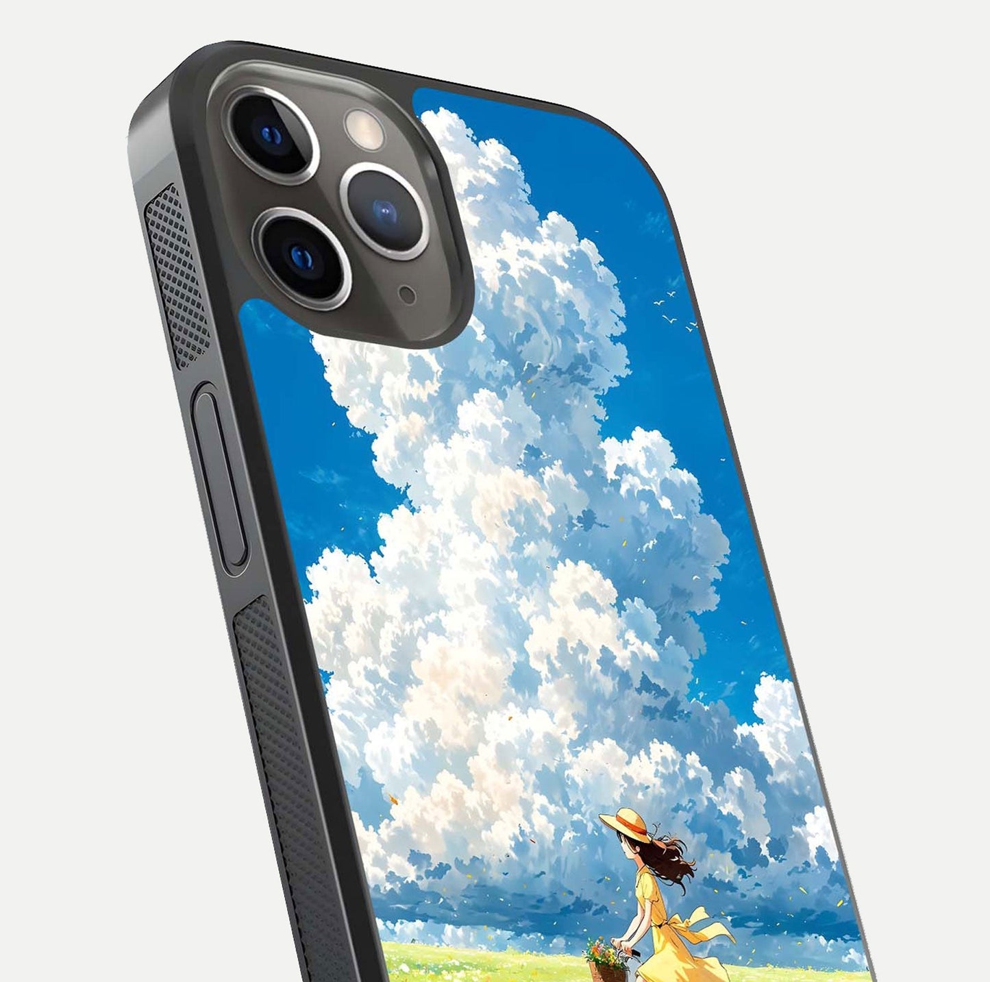 Breezy Meadow Ride Glass Case for iPhone 13 Pro close-up shot showing flowers and breezy motion texture