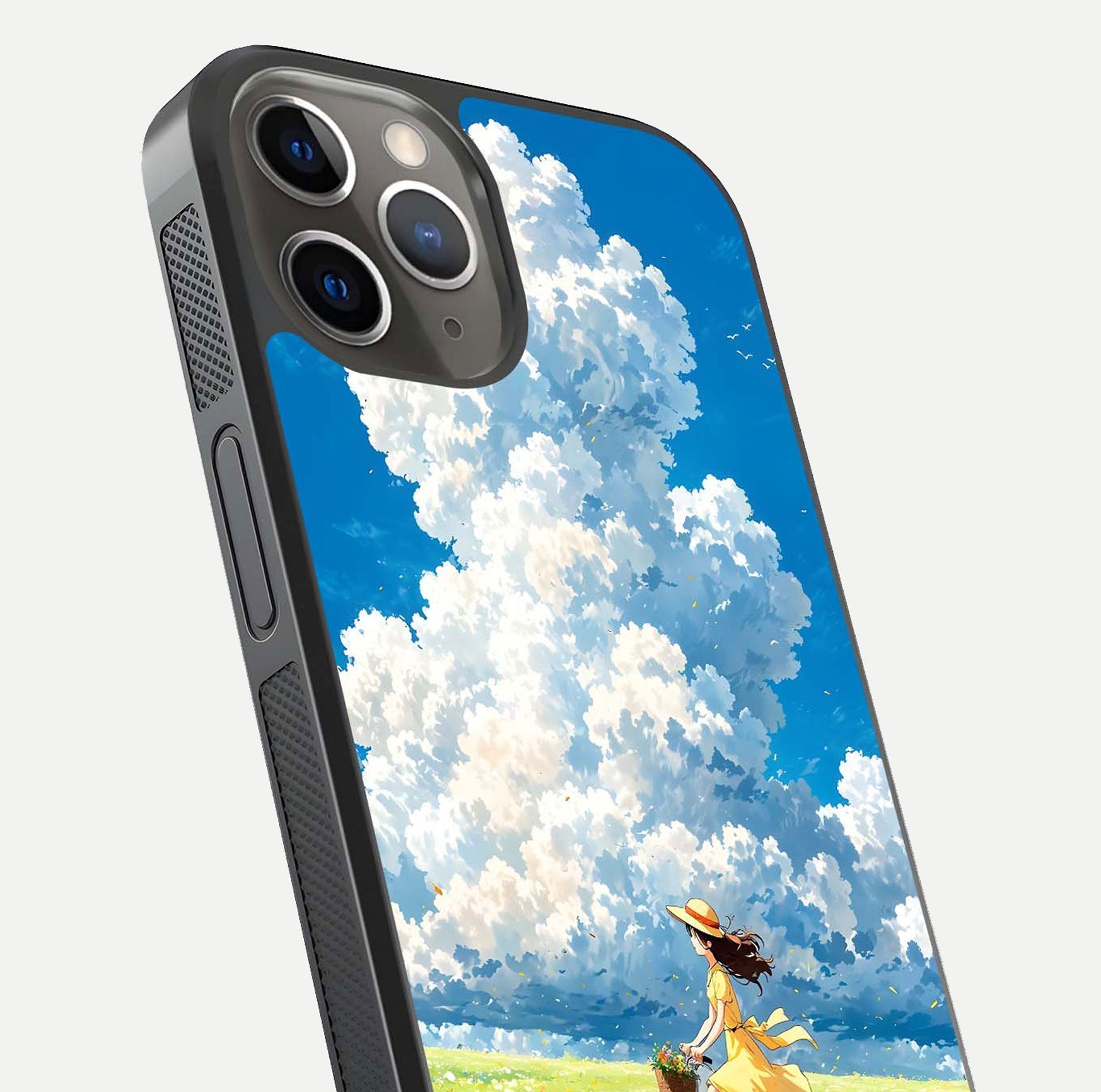 Breezy Meadow Ride Glass Case for iPhone 13 Pro close-up shot showing flowers and breezy motion texture