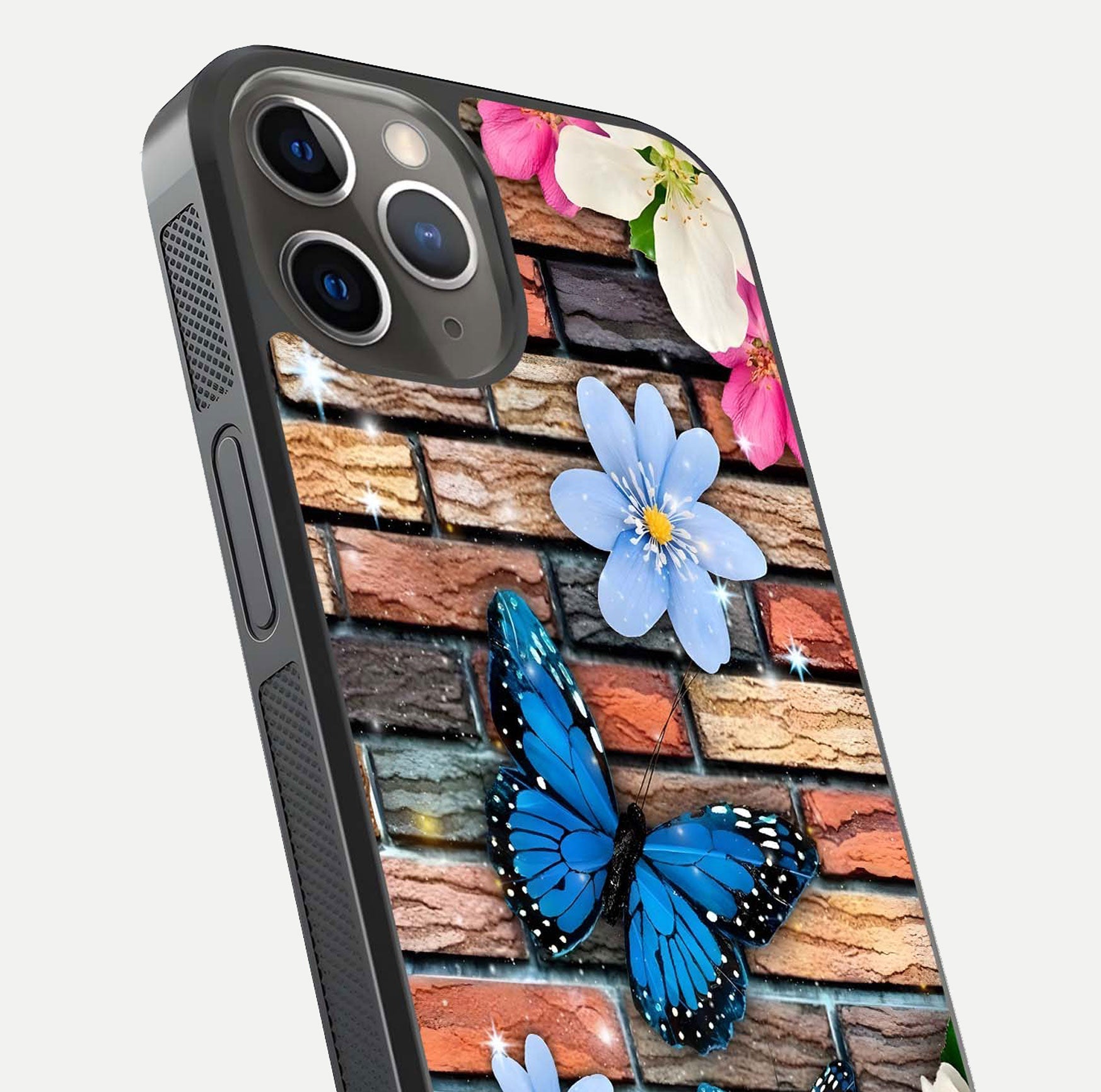Brick Bloom Flight Glass Case for iPhone 13 Pro close-up angle highlighting flower clusters and reflection detail
