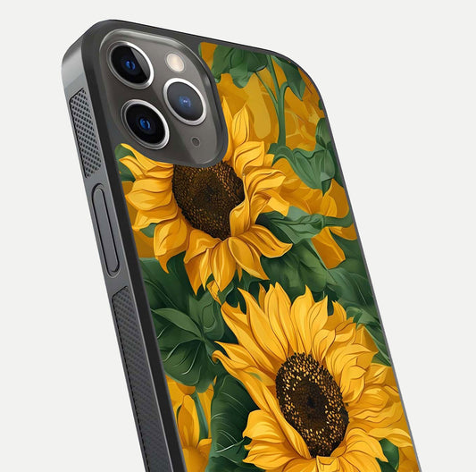 Bright Sunflower Bloom Glass Case for iPhone 13 Pro close-up image highlighting yellow petal detail and HD reflection