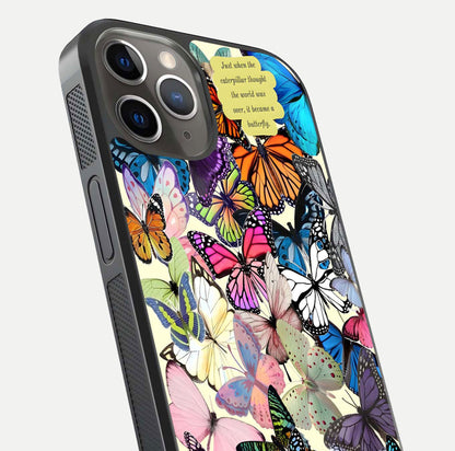 Butterflies Petal Dream Glass Case for iPhone 13 Pro close-up highlighting butterfly wings and pink petal gloss