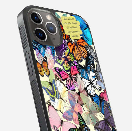 Butterflies Petal Dream Glass Case for iPhone 13 Pro close-up highlighting butterfly wings and pink petal gloss