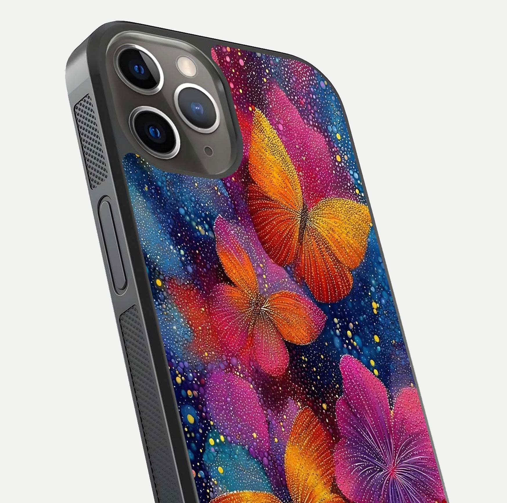 Butterfly Dream Mist Glass Case for iPhone 13 Pro close-up capturing wing pattern detail and glossy finish texture