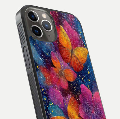 Butterfly Dream Mist Glass Case for iPhone 13 Pro close-up capturing wing pattern detail and glossy finish texture