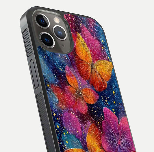Butterfly Dream Mist Glass Case for iPhone 13 Pro close-up capturing wing pattern detail and glossy finish texture