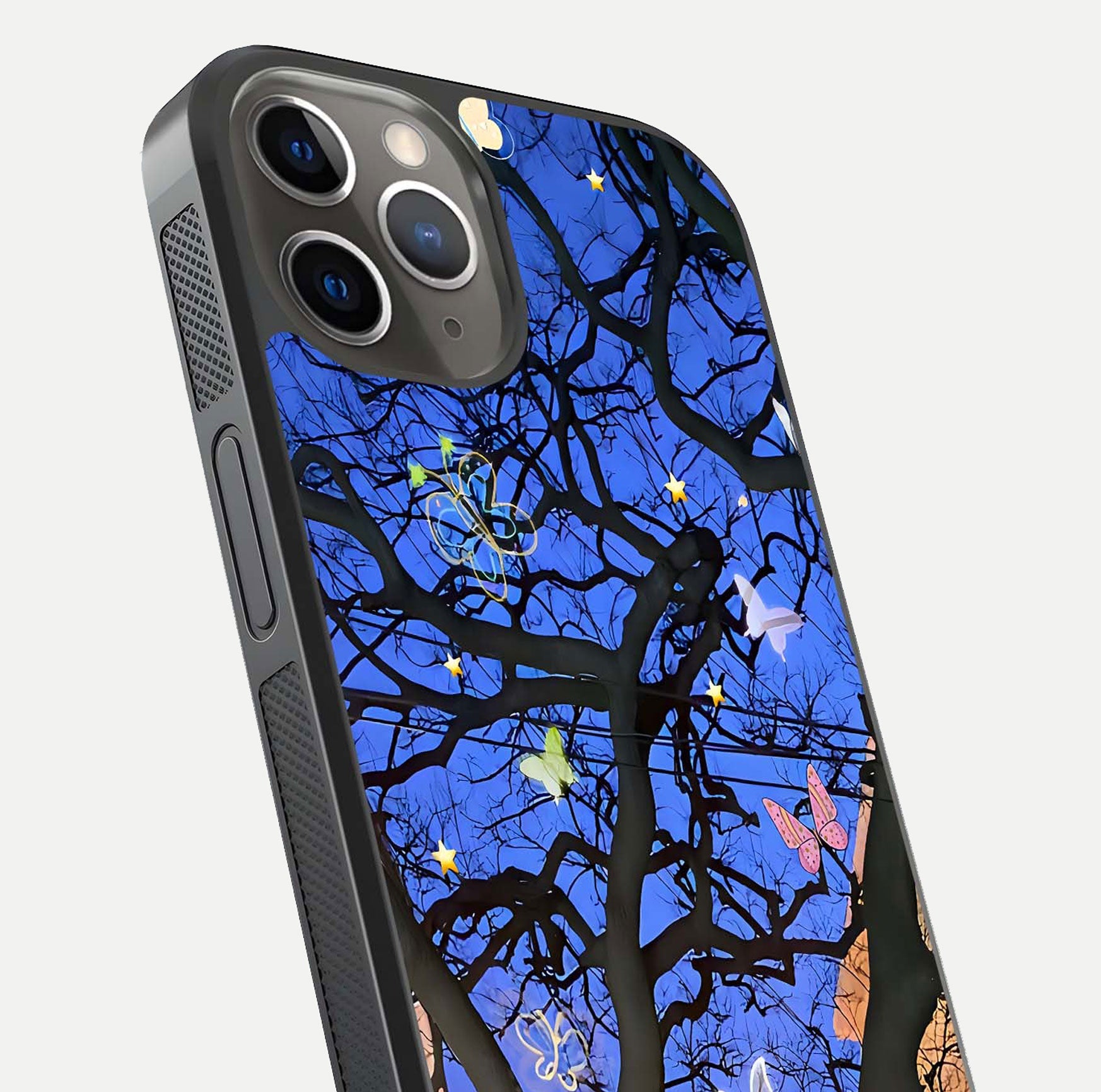 Butterfly Night Magic Glass Case for iPhone 13 Pro close-up highlighting wings reflection and gloss shimmer