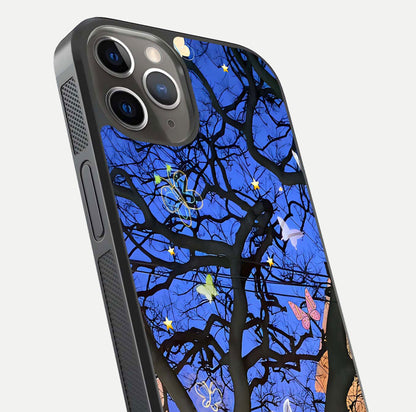 Butterfly Night Magic Glass Case for iPhone 13 Pro close-up highlighting wings reflection and gloss shimmer
