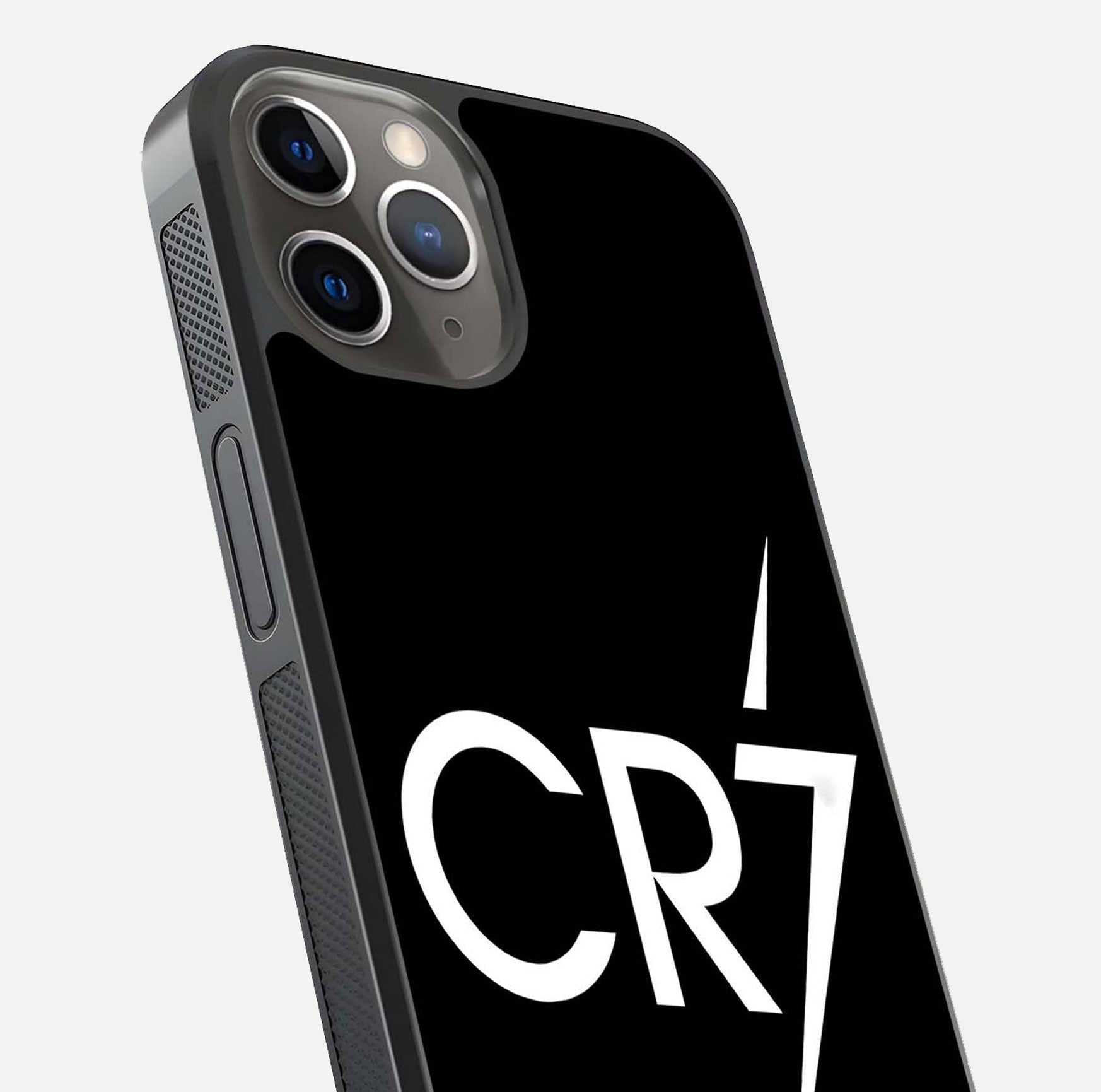CR7 Elite Strike Glass Case for iPhone 13 Pro close-up highlighting CR7 artwork and shine reflection