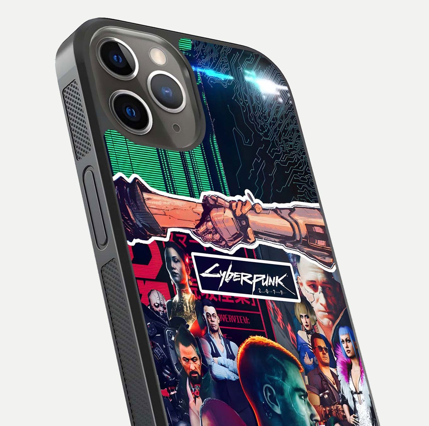 CYBERPUNK Legacy Glass Case for iPhone 13 Pro close-up highlighting circuit texture and reflection tone