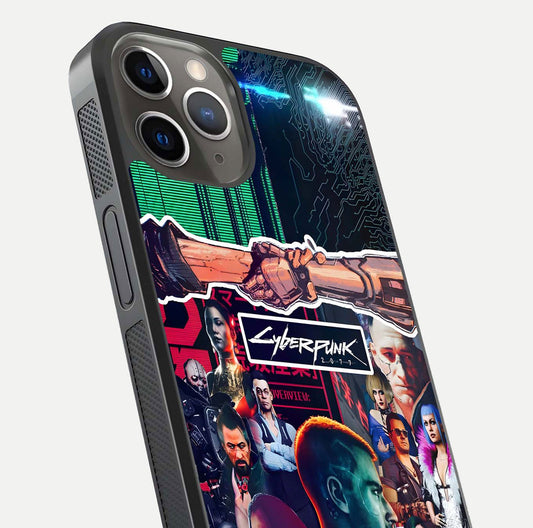 CYBERPUNK Legacy Glass Case for iPhone 13 Pro close-up highlighting circuit texture and reflection tone