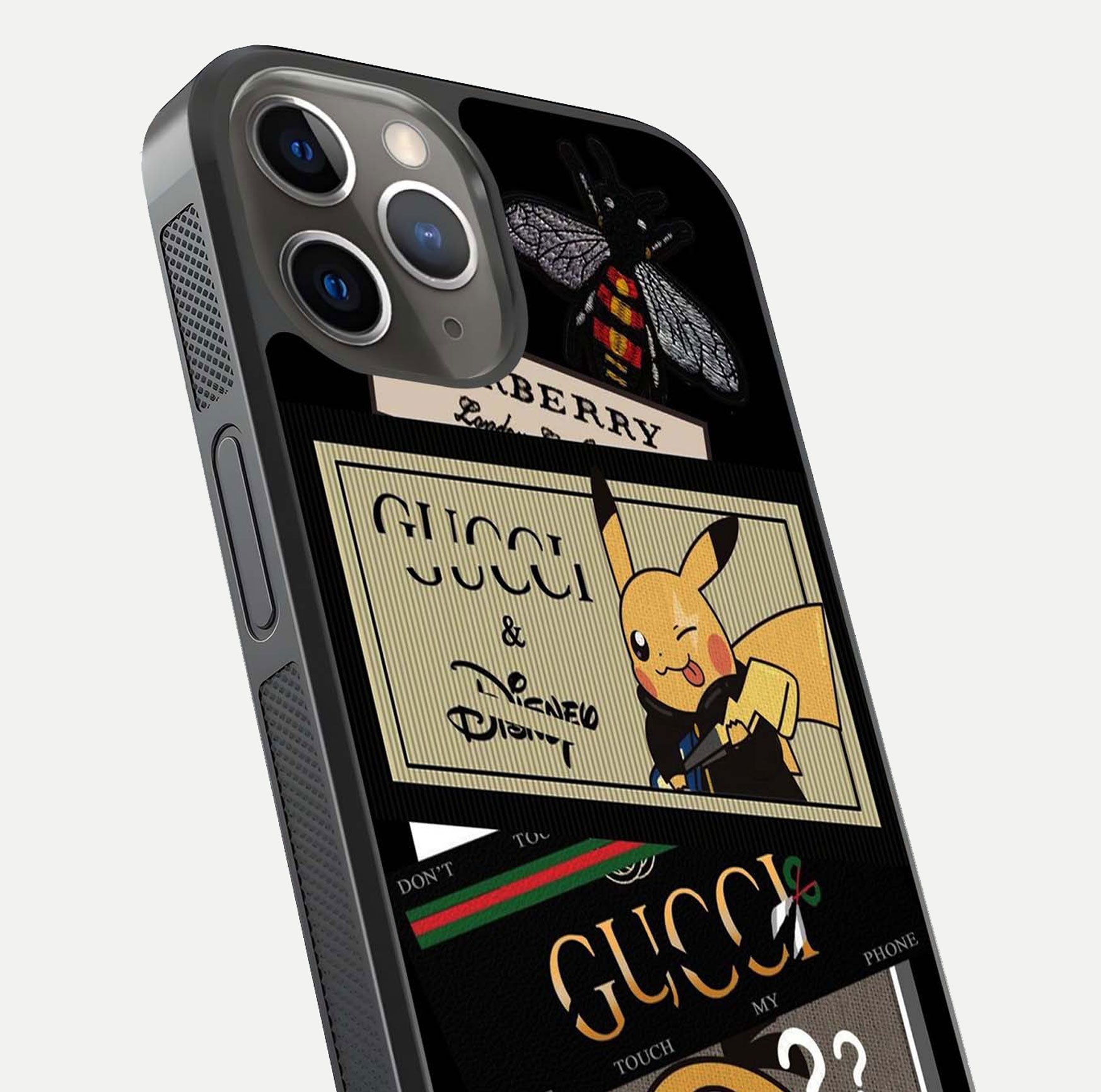 Cartoon Brand Play Mashup Glass Case for iPhone 13 Pro close-up angled shot showing character details and vibrant tones