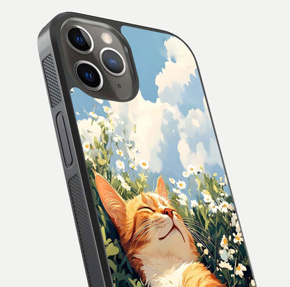 Cat & Flowers View Glass Case for iPhone 13 Pro close-up view highlighting cat expression and petal detail