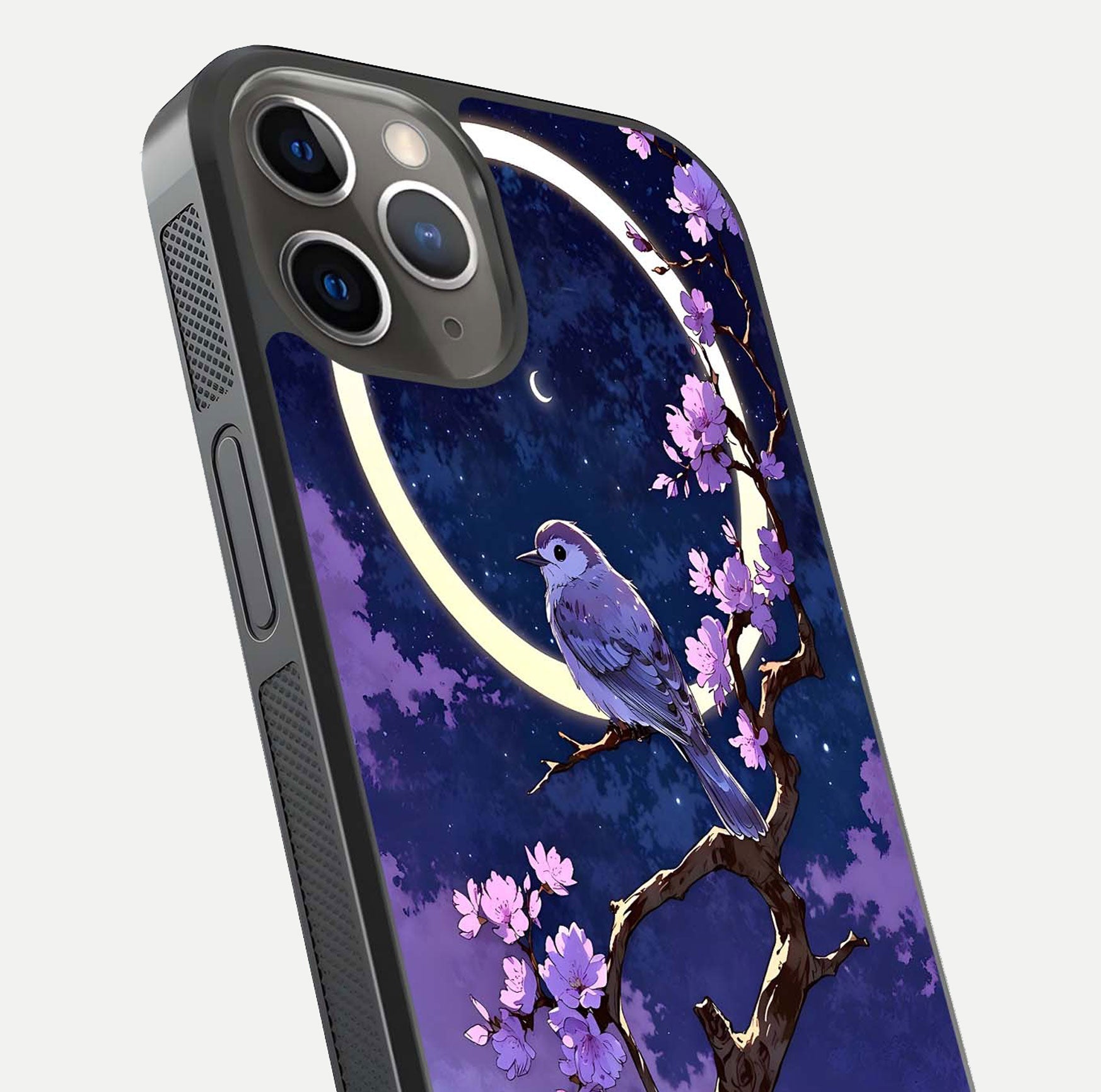 Celestial Bird Blossom Glass Case for iPhone 13 Pro close-up capturing bird detail, petal reflection, and gloss shine