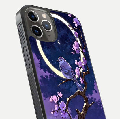 Celestial Bird Blossom Glass Case for iPhone 13 Pro close-up capturing bird detail, petal reflection, and gloss shine