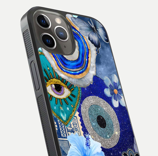 Celestial Blue Vision Glass Case for iPhone 13 Pro close-up shot highlighting reflection details and smooth edge polish
