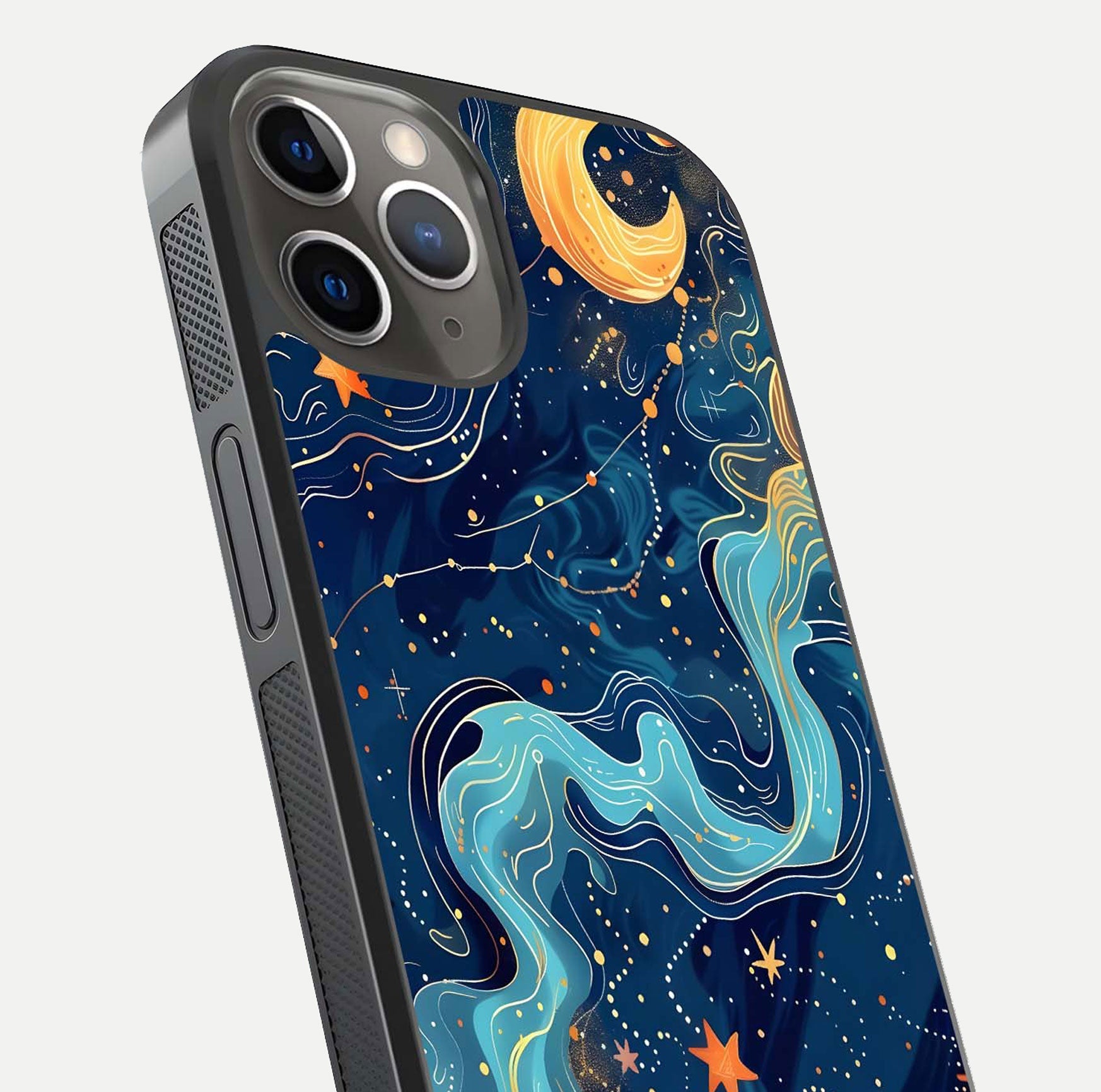 Celestial Dream Flow Glass Case for iPhone 13 Pro close-up highlighting star reflections and smooth glow gradient
