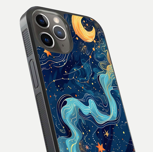 Celestial Dream Flow Glass Case for iPhone 13 Pro close-up highlighting star reflections and smooth glow gradient