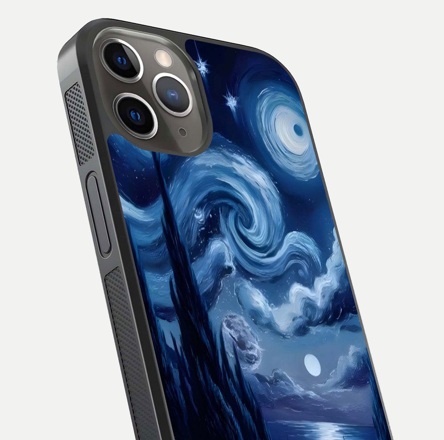 Celestial Dream Van Gogh Glass Case for iPhone 13 Pro close-up view capturing vivid brush details and star reflection