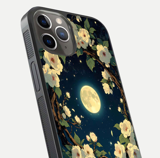 Celestial Moon & Flower Glass Case for iPhone 13 Pro close-up capturing petal reflection and moonlight contrast