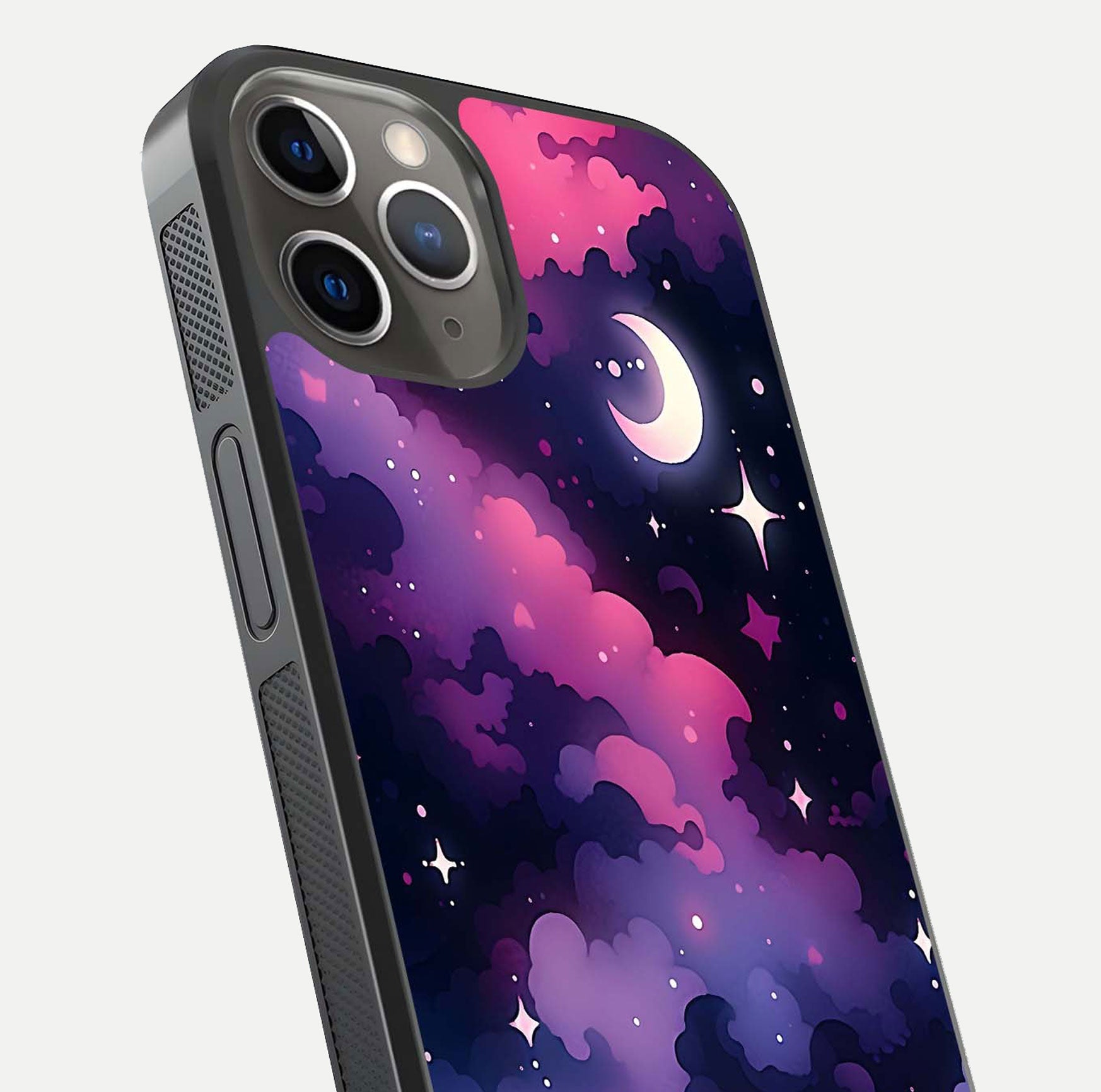 Celestial Moon Magic Glass Case for iPhone 13 Pro close-up view highlighting moon crater detail and glass shine