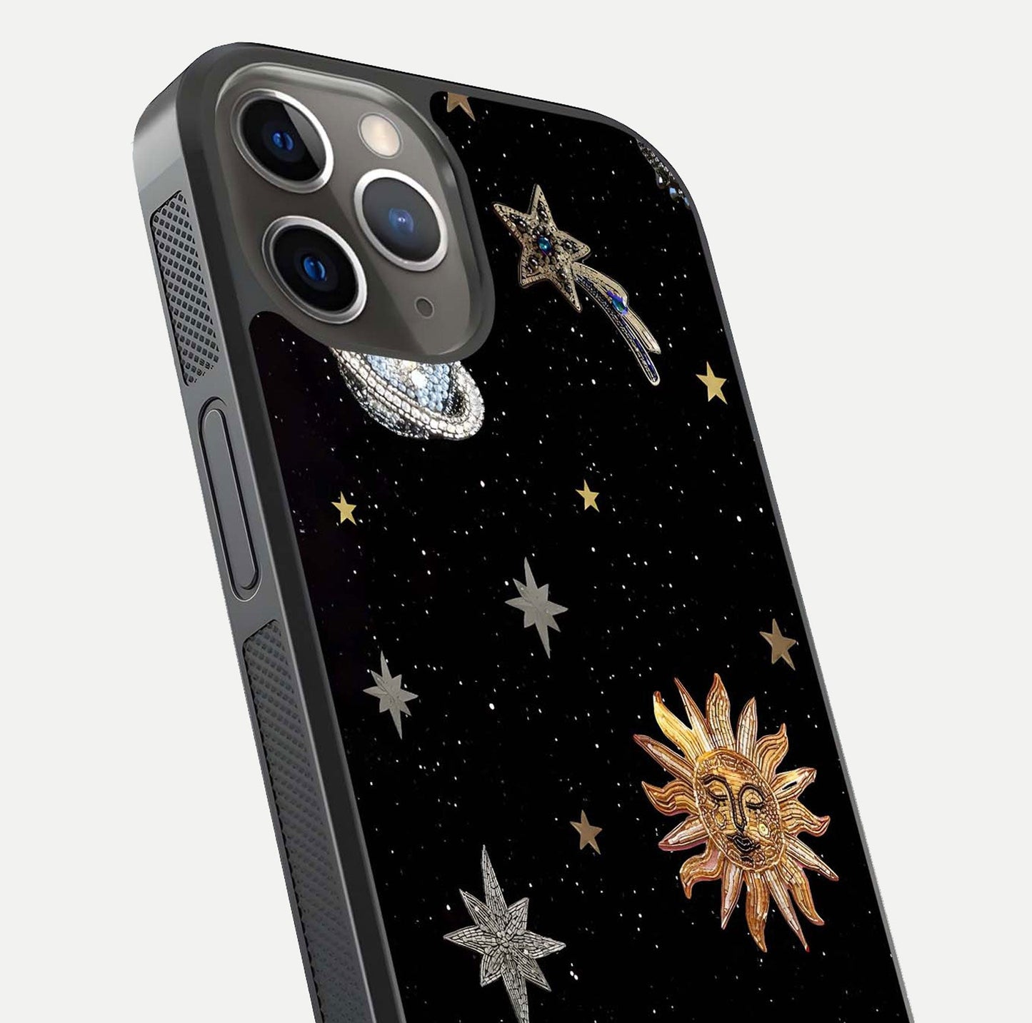 Celestial Moon With Stars Glass Case for iPhone 13 Pro close-up showing cosmic reflection and HD shine