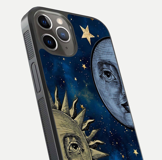Celestial Moon With Sun Glass Case for iPhone 13 Pro close-up highlighting fine celestial detail and polish reflection