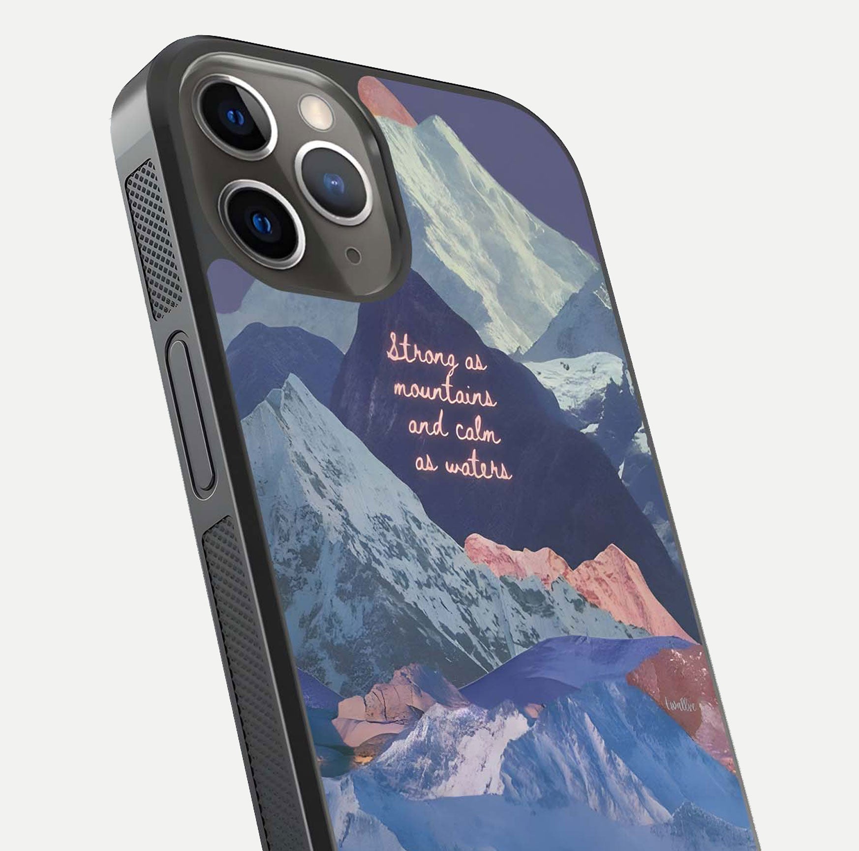 Celestial Mountain Calm Glass Case for iPhone 13 Pro close-up showing peak reflection and HD gloss texture