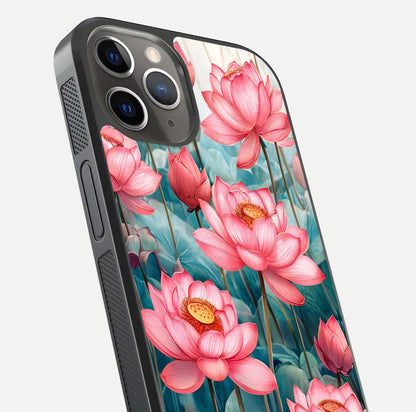 Celestial Pink Lotus Glass Case for iPhone 13 Pro close-up highlighting petal detail and HD glass reflection