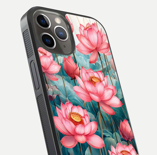 Celestial Pink Lotus Glass Case for iPhone 13 Pro close-up highlighting petal detail and HD glass reflection
