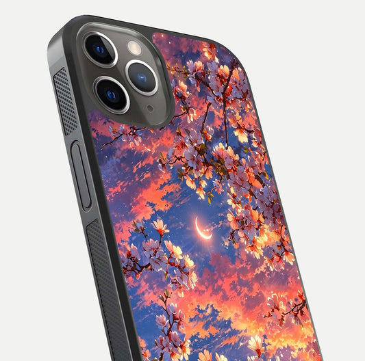 Celestial Sakura Sunset Glass Case for iPhone 13 Pro close-up image highlighting blossom petals and gloss shine