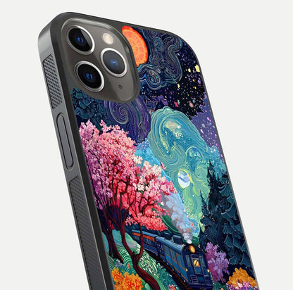 Celestial Train Journey Glass Case for iPhone 13 Pro close-up highlighting train lights, cosmic tones, and reflection detail