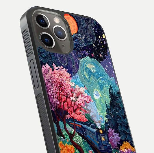 Celestial Train Journey Glass Case for iPhone 13 Pro close-up highlighting train lights, cosmic tones, and reflection detail