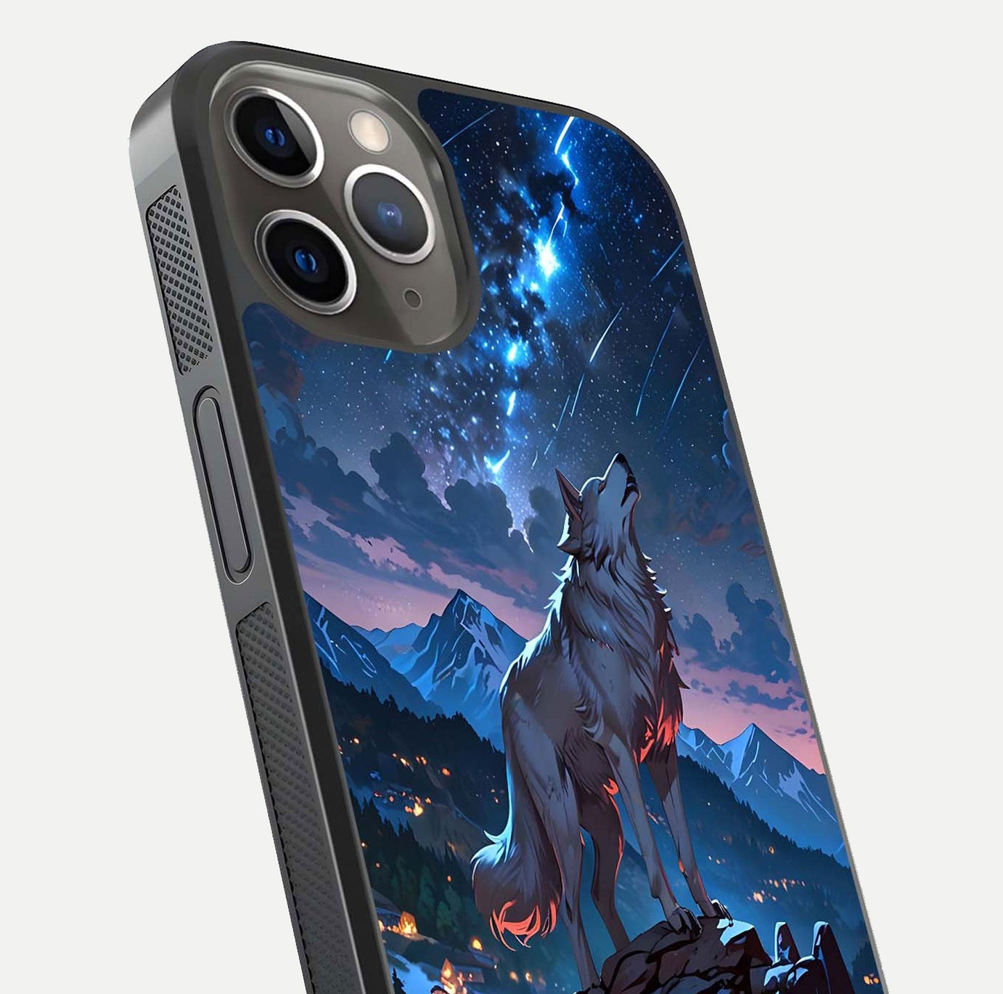 Celestial Wolf Howl Glass Case for iPhone 13 Pro close-up showing wolf silhouette and glowing moon reflection