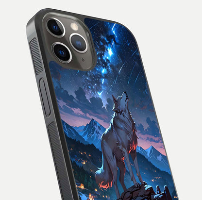 Celestial Wolf Howl Glass Case for iPhone 13 Pro close-up showing wolf silhouette and glowing moon reflection