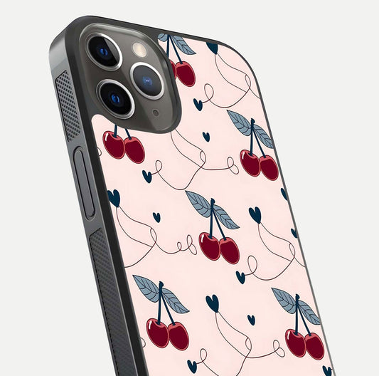 Cherry Heart Line Glass Case for iPhone 13 Pro close-up showing heart outline and HD reflection gloss