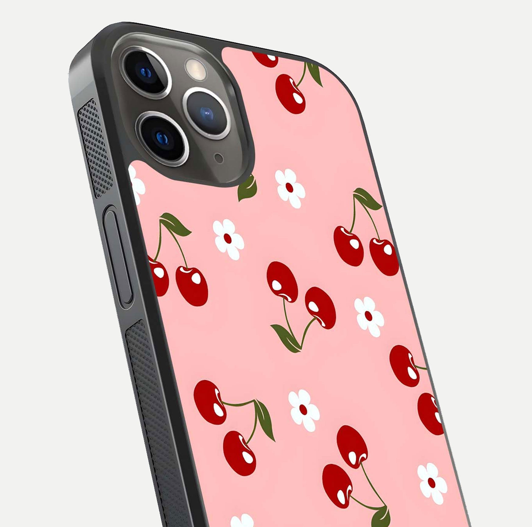 Cherry Love Mood Glass Case for iPhone 13 Pro close-up highlighting cherry heart pattern and reflection shine