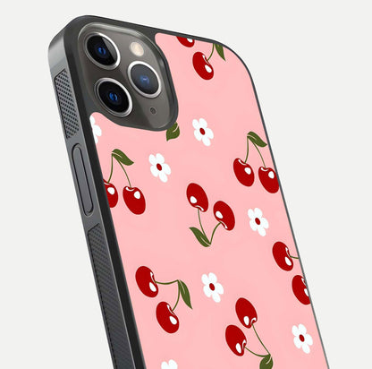 Cherry Love Mood Glass Case for iPhone 13 Pro close-up highlighting cherry heart pattern and reflection shine