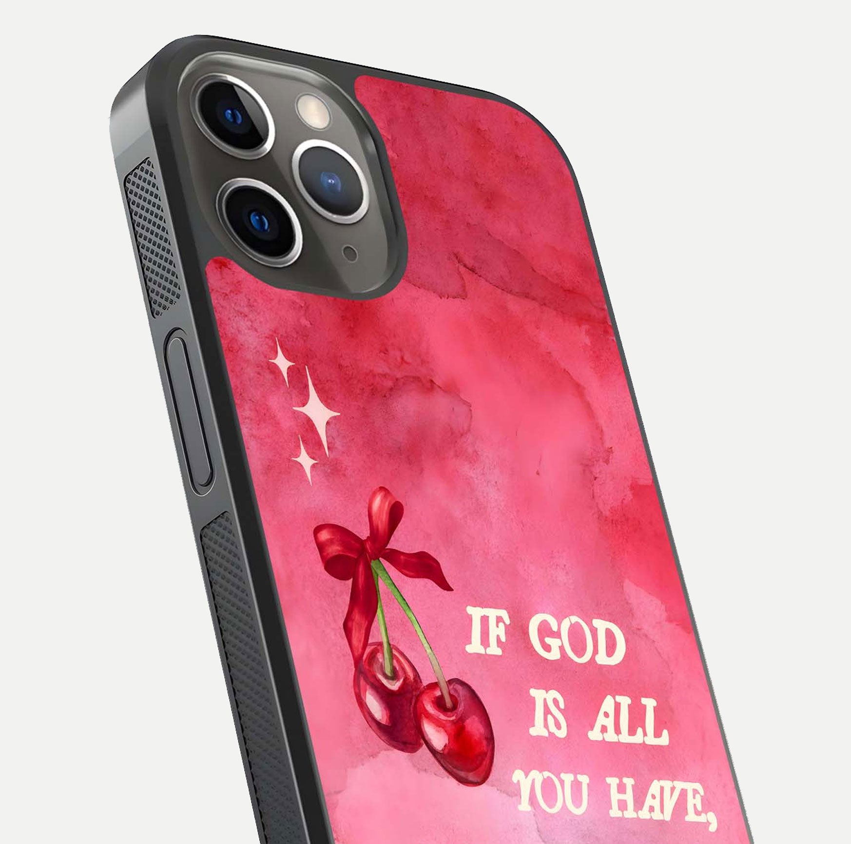 Cherry Quote Glass Case for iPhone 13 Pro close-up showing printed quote detail and HD reflection gloss