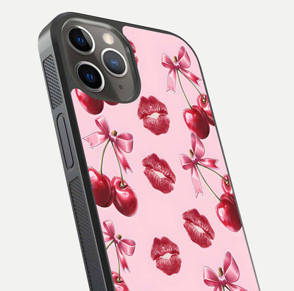 Cherry With Lips Glass Case for iPhone 13 Pro close-up view highlighting lips texture and reflection shine