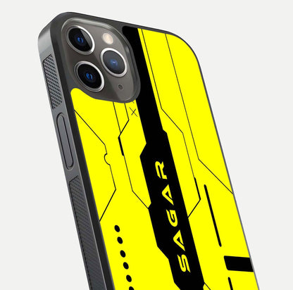 Circuit CYBERPUNK Custom Name Glass Case for iPhone 13 Pro close-up highlighting neon lines, futuristic tones, and gloss reflection